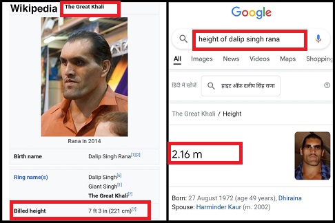 khali billed and real height